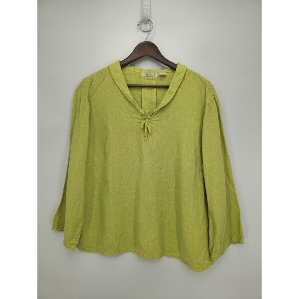 Russ Berens Womens 100% Linen V Neck Top Citrus Green Size XL Lagenlook